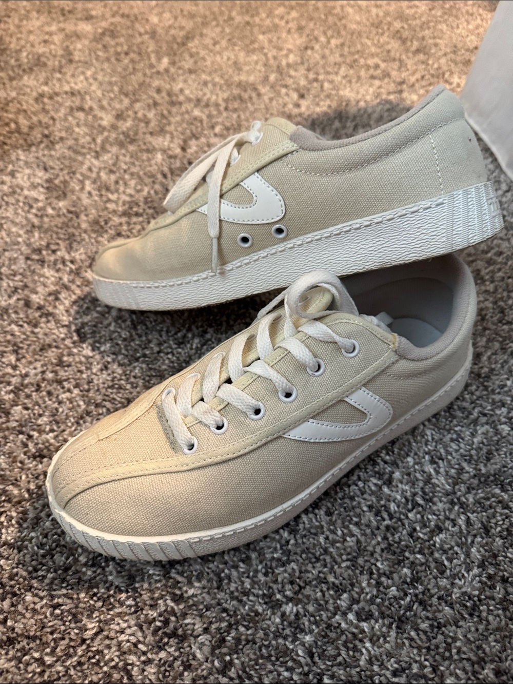 Tretorn Beige Canvas Lace-Up Sneakers with White Accents